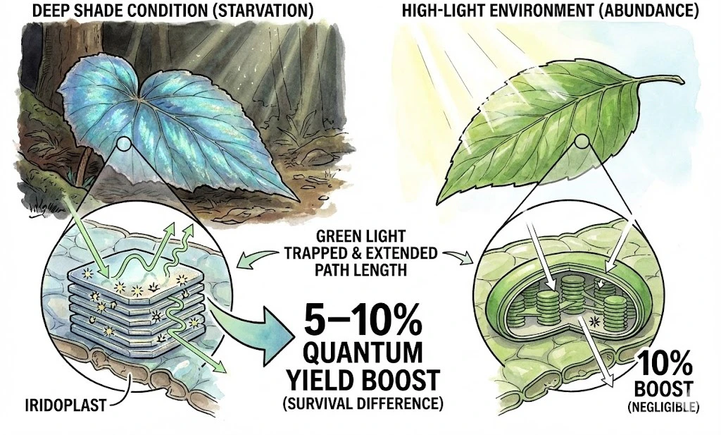 Chart comparing iridoplast and ordinary-chloroplast photosynthetic quantum efficiency under low light, with the iridoplast slightly higher.