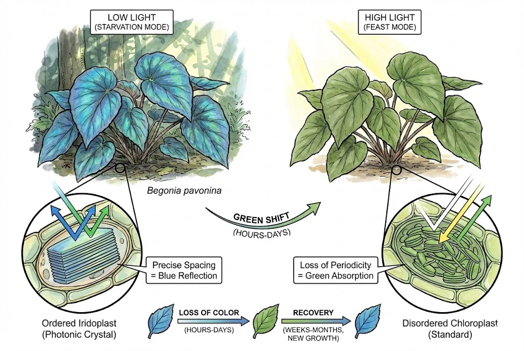 Illustration of a Begonia leaf shifting from blue under low light toward green under higher light.