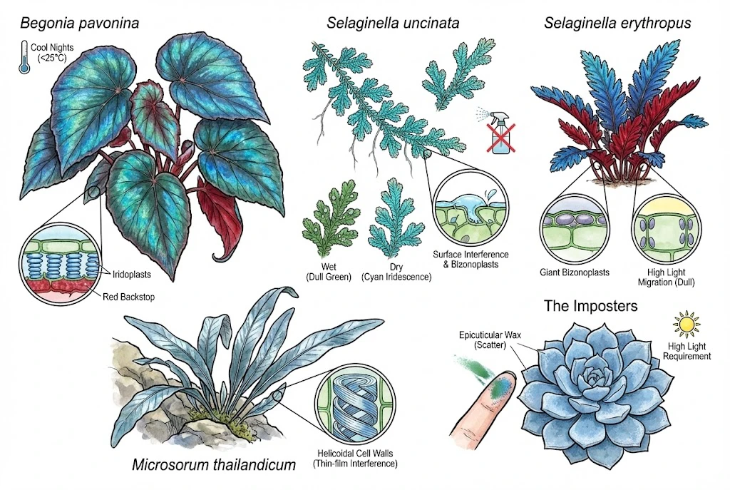 Summary chart of iridescence mechanisms in Begonia, Selaginella and Microsorum alongside a waxy-blue lookalike plant.