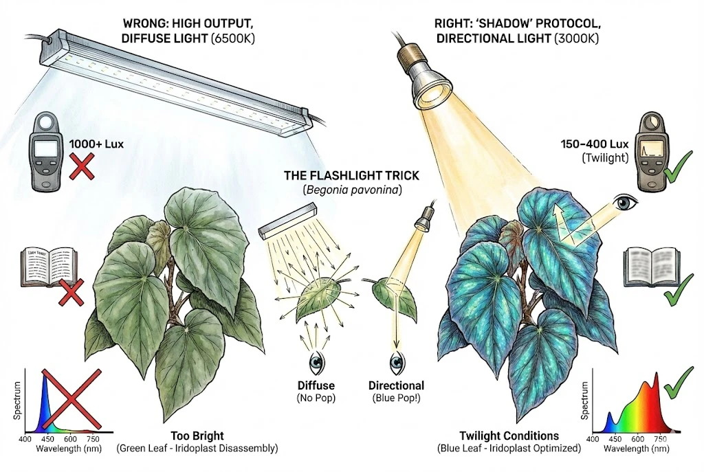 Begonia pavonina care illustration contrasting bright, diffuse light with dim, directional light for showing off the blue color.