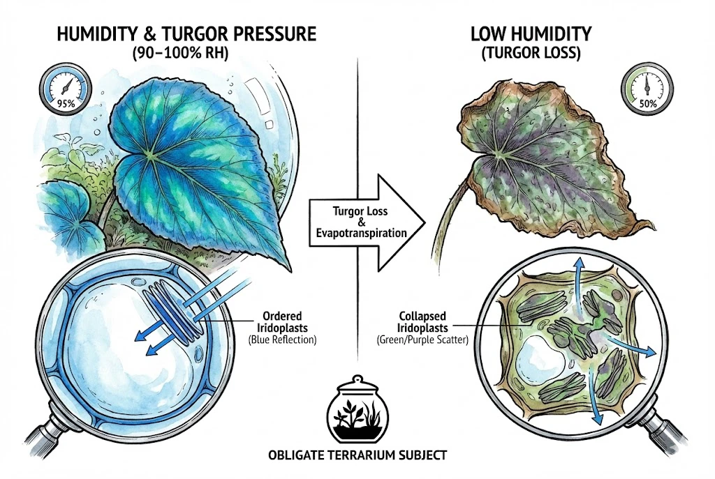 Illustration contrasting a turgid, well-hydrated blue leaf at high humidity with a wilted, browning green leaf at low humidity.