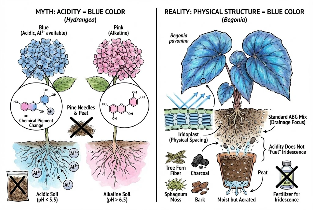 Illustration contrasting Hydrangea's pH-driven chemical color change with Begonia's structural blue, which does not depend on soil acidity.