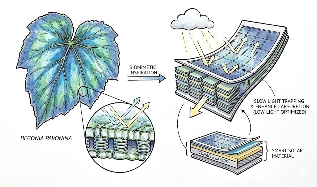Conceptual art linking a Begonia leaf's layered structure to an idea for low-light solar-collecting material.