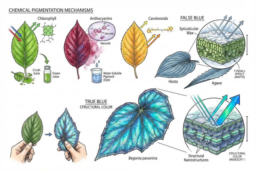 Overview of leaf color sources: chlorophyll, anthocyanins and carotenoids as pigments, wax scattering in Hosta, and structural color in Begonia.