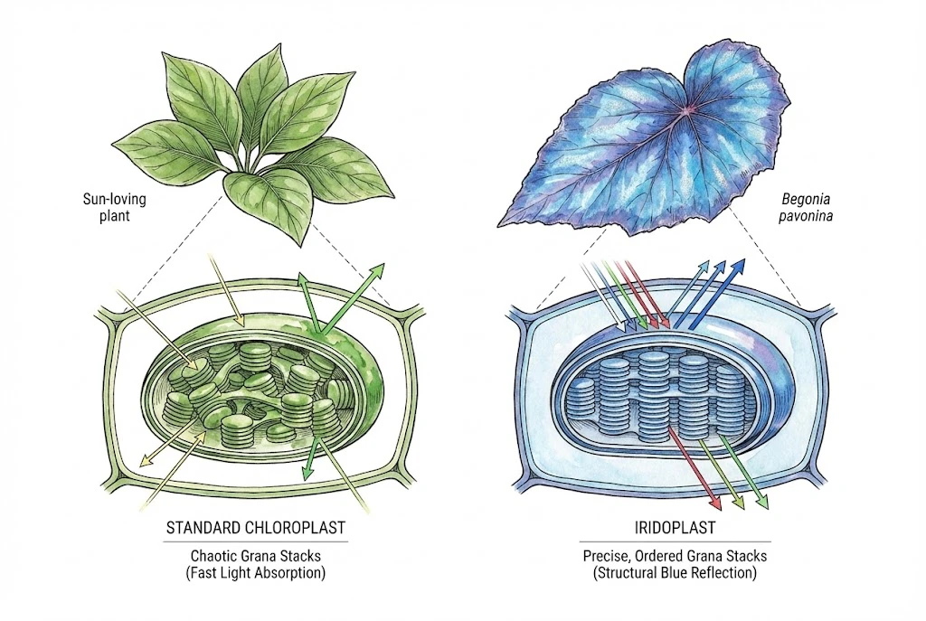 Diagram contrasting an ordinary chloroplast's grana with a Begonia iridoplast's more regularly spaced layers that reflect blue light.
