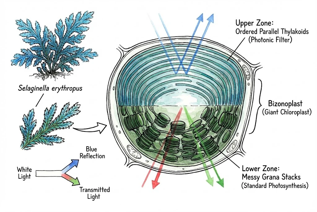 Illustration of a single giant cup-shaped chloroplast (bizonoplast) in a Selaginella erythropus epidermal cell, with an upper zone of regularly spaced thylakoid sheets over a lower zone of ordinary grana.