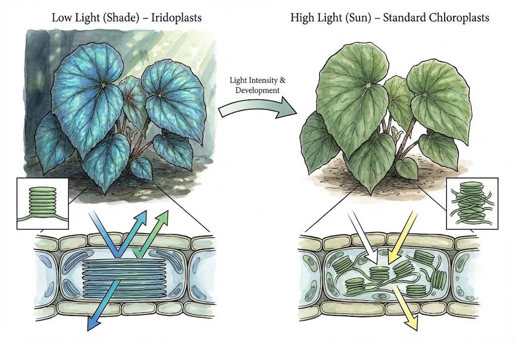 Illustration contrasting a low-light Begonia iridoplast with ordered layers against a high-light chloroplast with less ordered layers, representing loss of blue under stronger light.