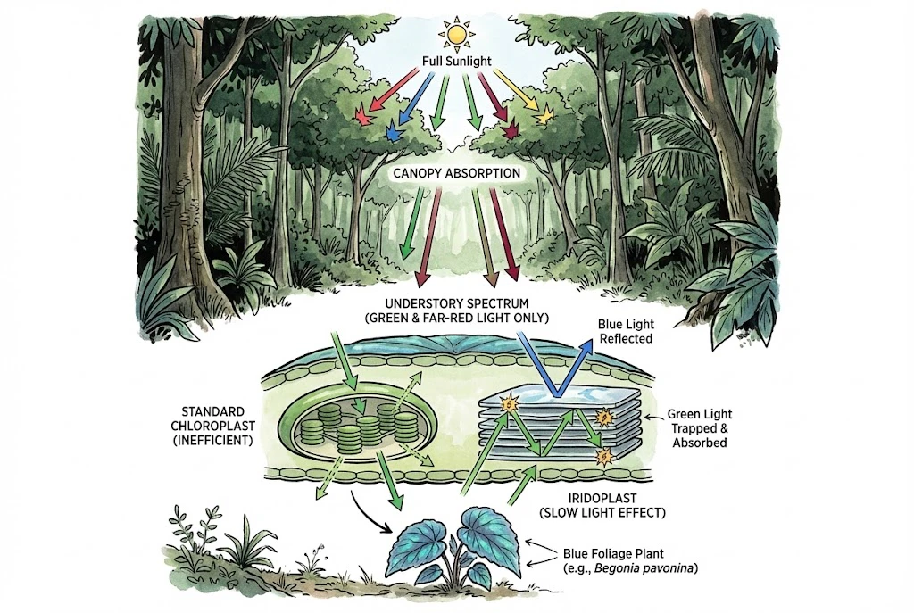 Diagram of the slow-light idea: an understory enriched in green and far-red light, with a shade plant's iridoplast holding green light longer to improve absorption.