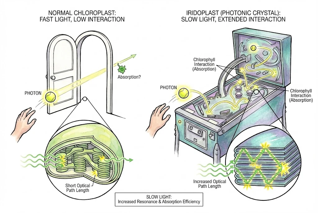 A pinball-machine metaphor for how an iridoplast makes green light linger, increasing its chance of absorption.