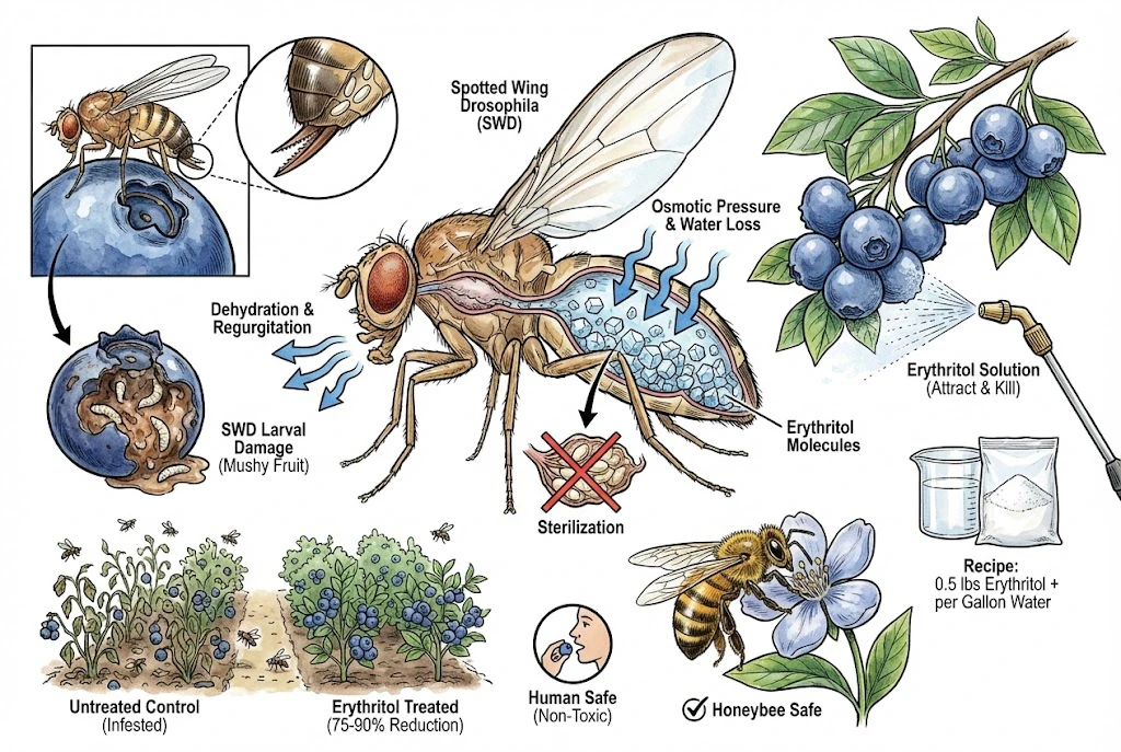 Illustration of research into erythritol as a possible feeding-based control for spotted wing drosophila.