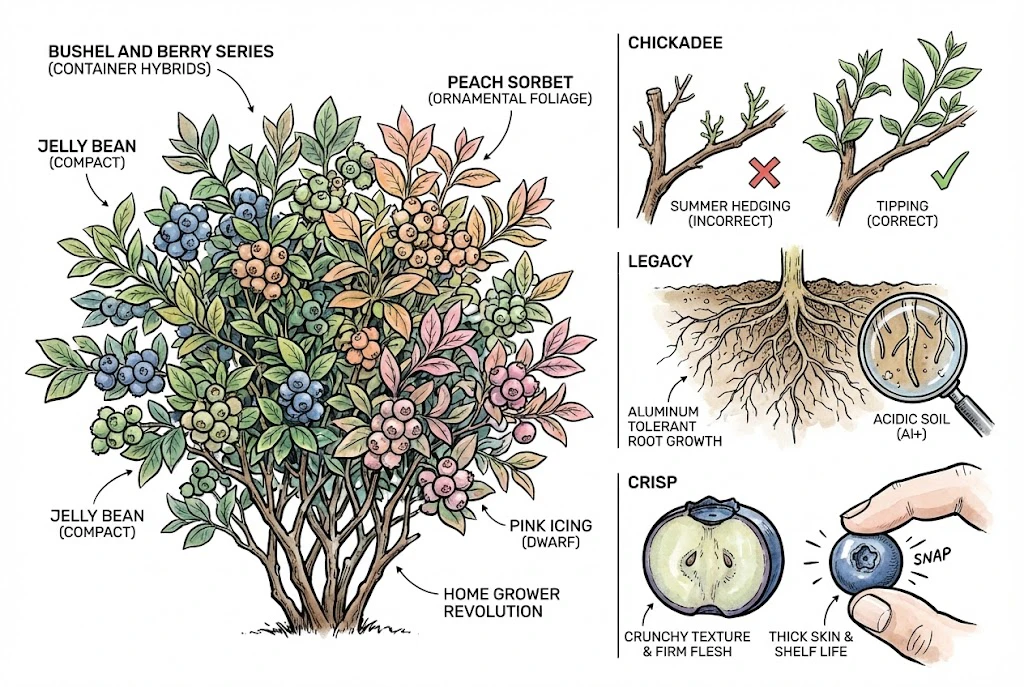 Illustration of compact ornamental blueberries and notes on selected cultivars.