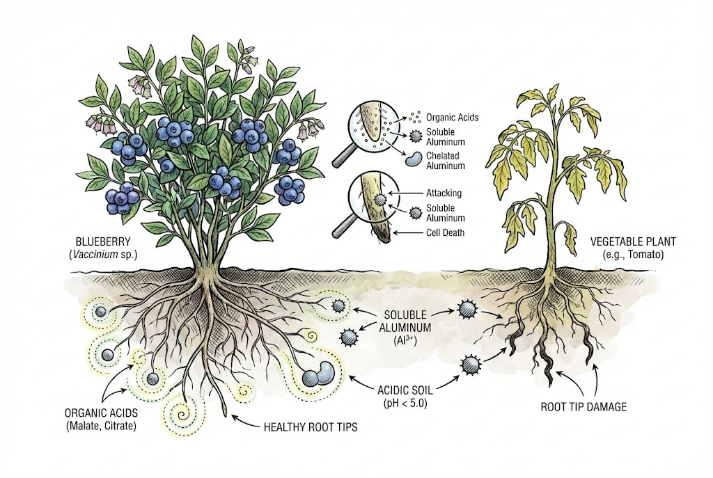 Illustration comparing blueberry and vegetable roots in acidic soil; aluminum tolerance in blueberry is cultivar-specific.