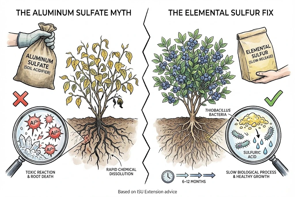 Illustration contrasting aluminum sulfate with slower elemental-sulfur acidification for blueberries.