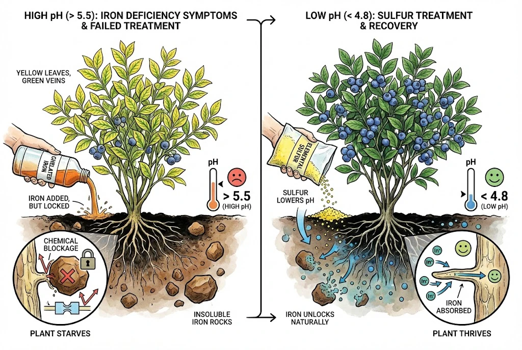 Illustration of a blueberry root zone with sulfur being converted to acid by soil microbes over months, lowering pH.