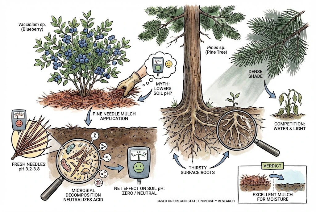 Illustration of pine-needle mulch, whose acids largely break down during decomposition so soil pH changes little.