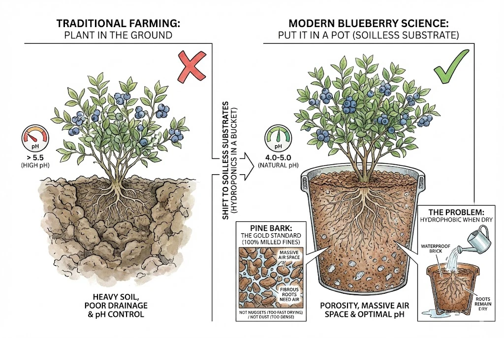 Illustration comparing in-ground blueberry planting with container growing in a pine-bark-based substrate.