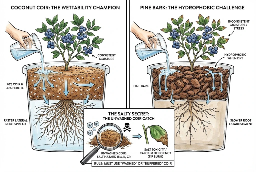 Illustration comparing rewetting of coconut coir with dry, hydrophobic pine bark, plus a salt caution for unwashed coir.