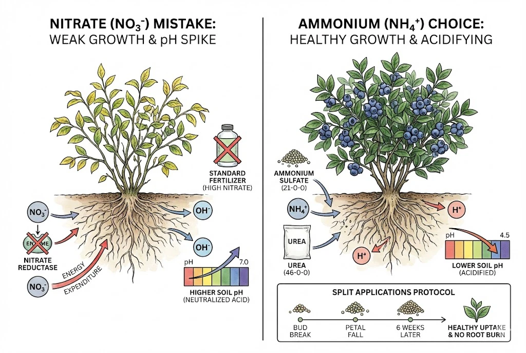 Illustration contrasting nitrate and ammonium nitrogen for blueberries, with ammonium favored.
