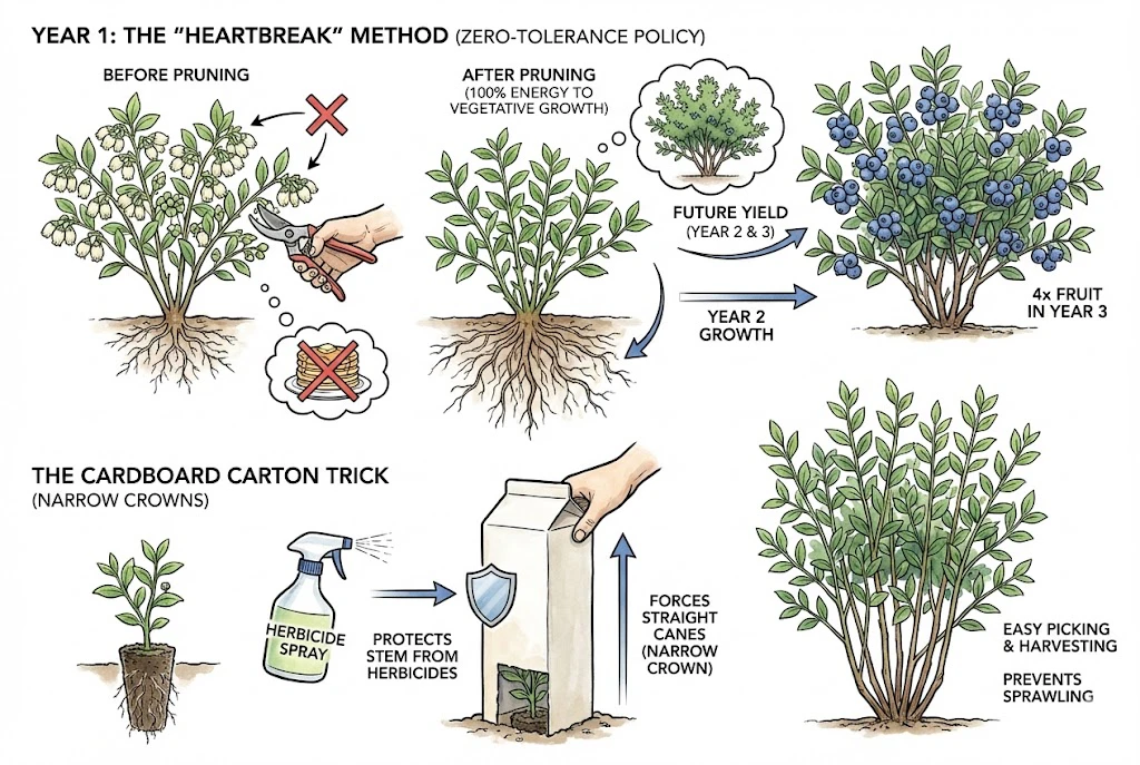 Illustration of removing flower buds from a first-year blueberry bush to direct energy into root and cane growth.