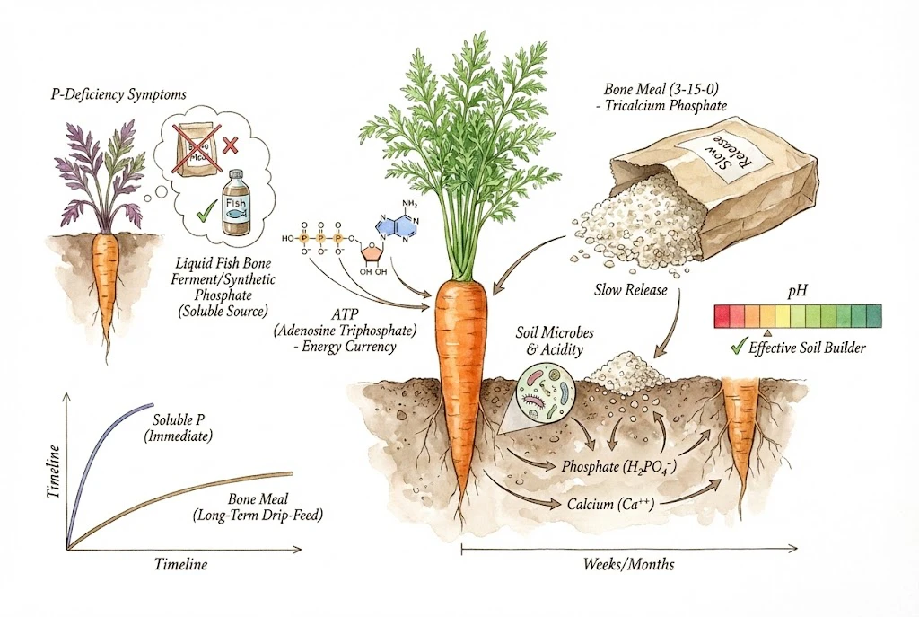 Schematic of bone meal as a slow-release phosphorus source alongside a soluble phosphorus source for quicker availability.