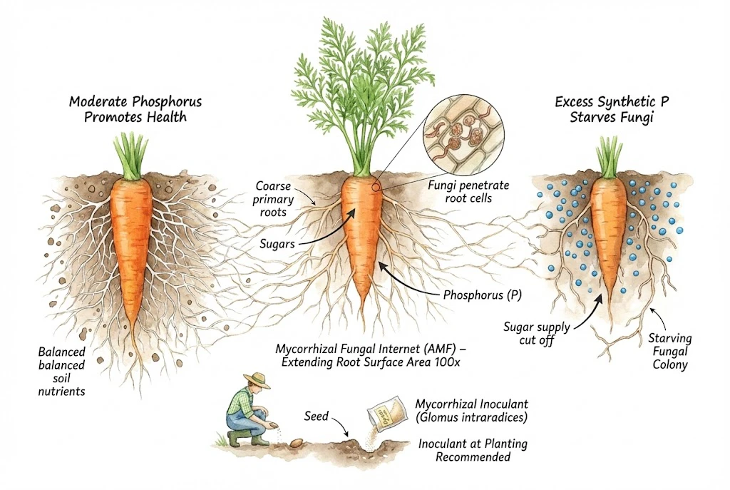 Schematic of arbuscular mycorrhizal fungal hyphae extending from a carrot root to reach phosphorus in the soil.