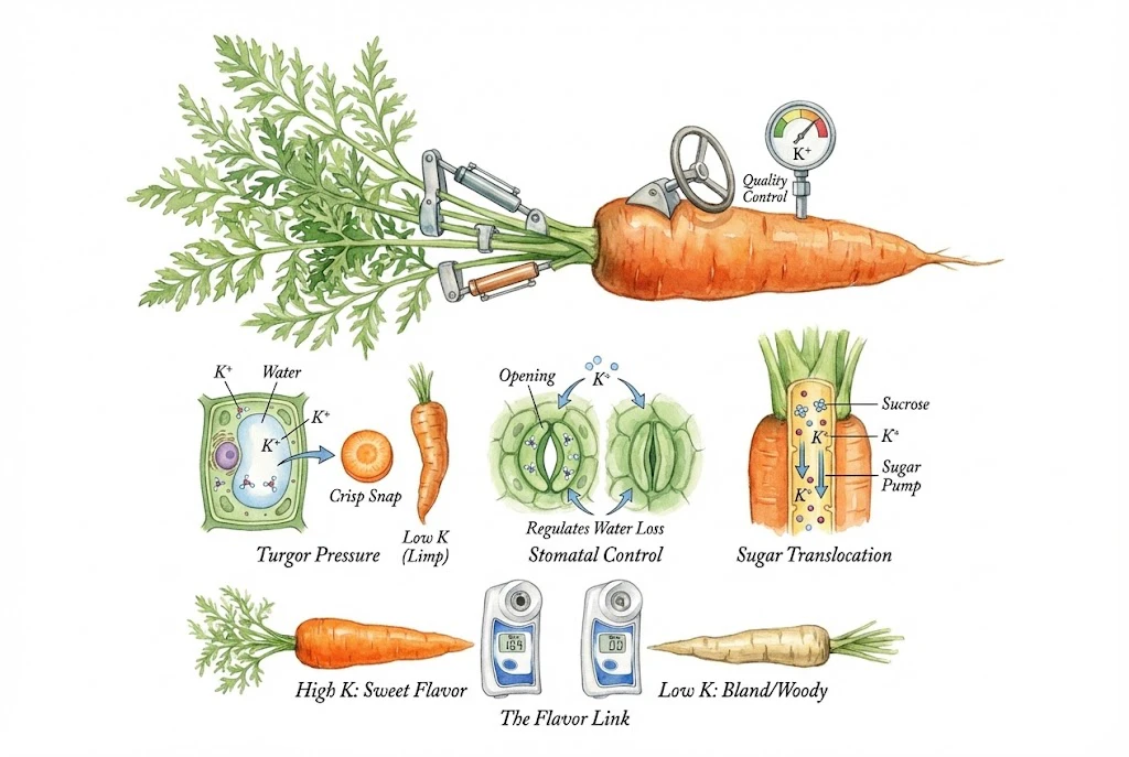 Schematic contrasting a well-supplied and a potassium-short carrot, with stylized sugar readings.