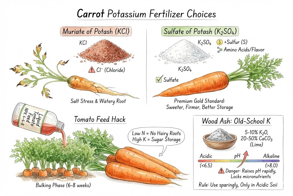 Schematic contrasting carrots grown with muriate of potash versus sulfate of potash under salinity concerns.
