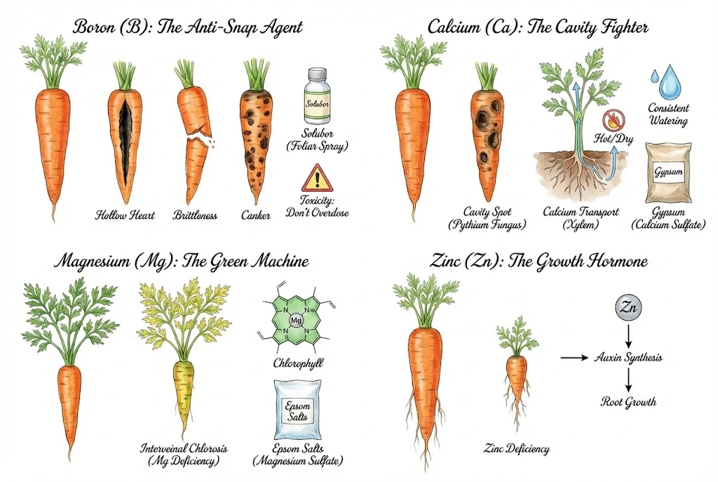 Schematic summarizing boron, calcium, magnesium, and zinc roles in carrots.