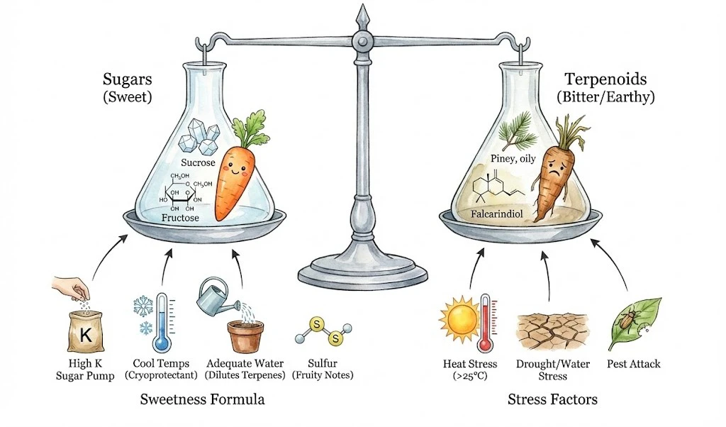 Schematic flavor wheel for carrots relating sugars and aroma compounds.