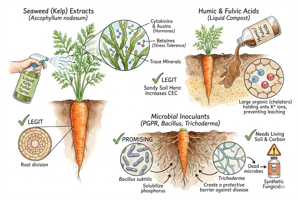 Schematic grading seaweed, humic acids, and microbial products by how well their carrot benefits are supported.