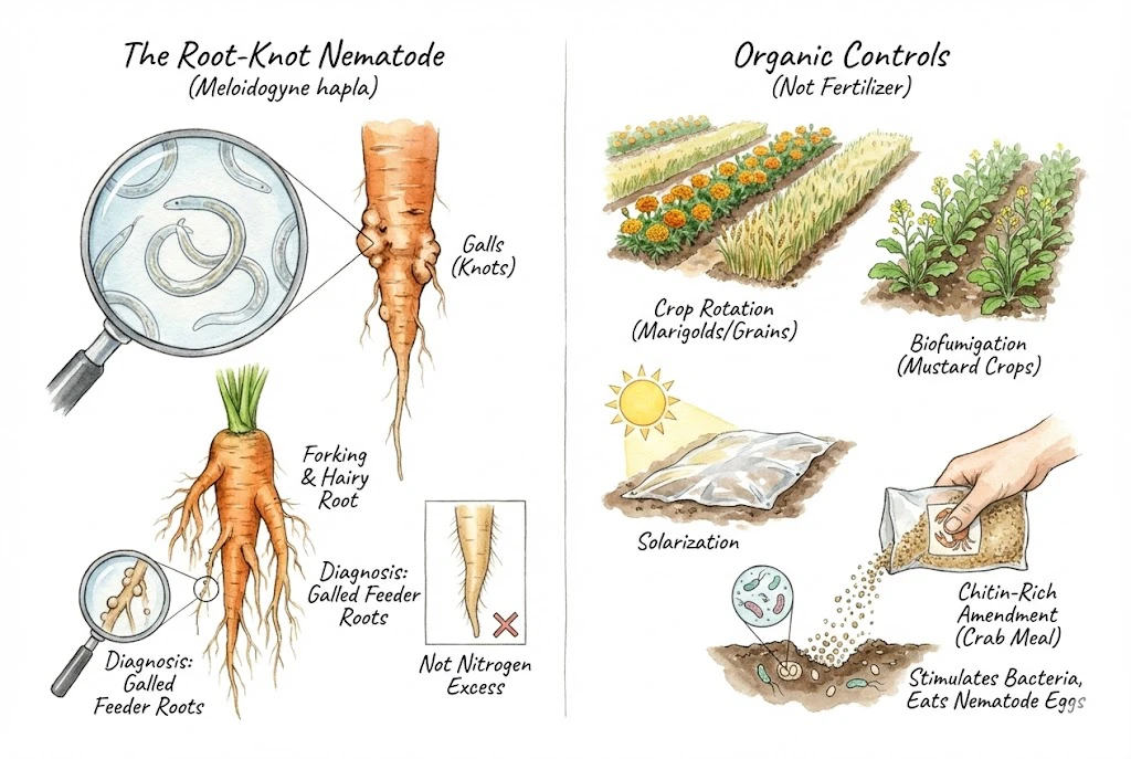 Schematic distinguishing root-knot galls from simple forking, with cultural management options for nematodes.