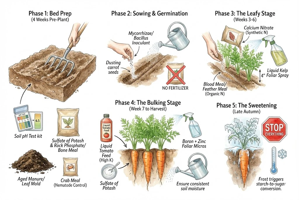 Schematic season-long carrot feeding plan across bed prep, sowing, leafy stage, and bulking.