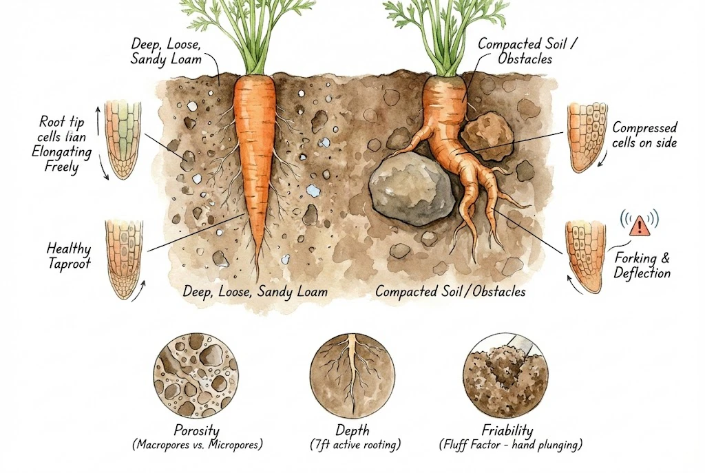 Schematic (not to scale) comparing loose sandy soil with compacted soil holding an obstacle, illustrating how each affects carrot root growth.