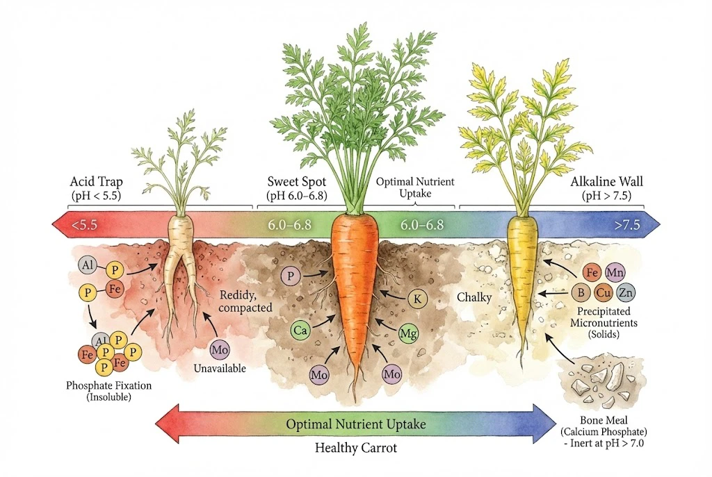 Schematic pH scale showing carrot preference near pH 6.0–6.8 and reduced nutrient availability at lower and higher pH.