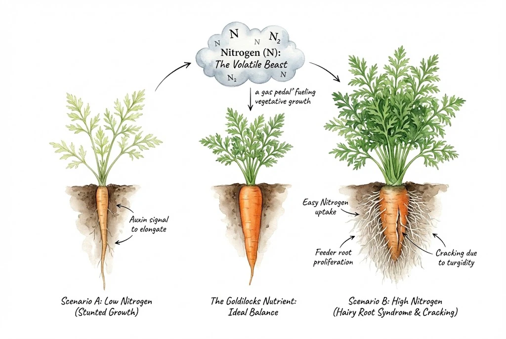 Schematic contrasting low-nitrogen and high-nitrogen carrots, with a stylized atmospheric-nitrogen motif.