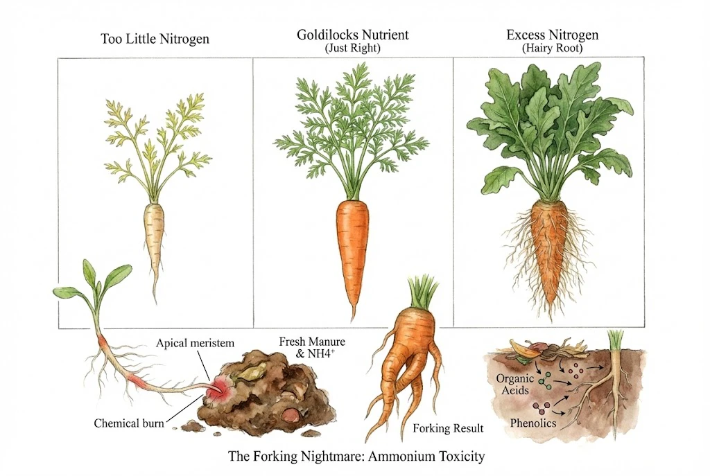 Schematic comparing a smooth carrot grown with moderate nitrogen and a hairy, branched carrot grown with excess nitrogen.