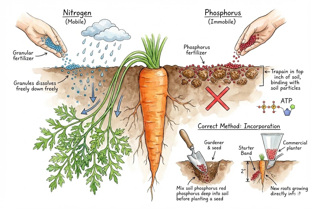 Schematic contrasting mobile nitrogen moving with soil water and relatively immobile phosphorus staying near where it is placed.
