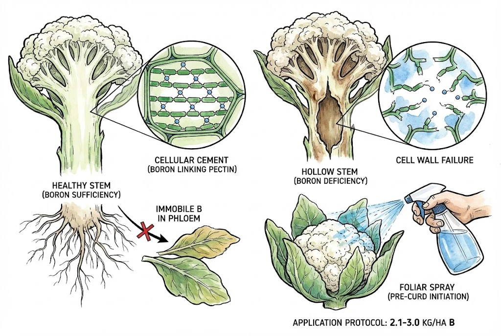 Schematic of boron in cauliflower: a cell-wall component involved in pectin cross-linking. A boron rate is shown next to a foliar bottle; this is a schematic, and hollow stem has several causes beyond boron.