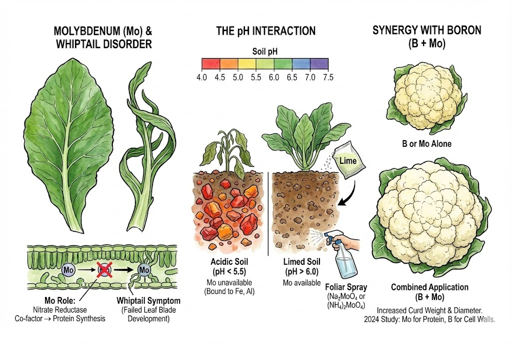 Schematic of molybdenum in cauliflower: a cofactor for nitrate reductase, with whiptail as a classic deficiency symptom and availability rising with soil pH. pH thresholds shown are approximate, not abrupt cutoffs.