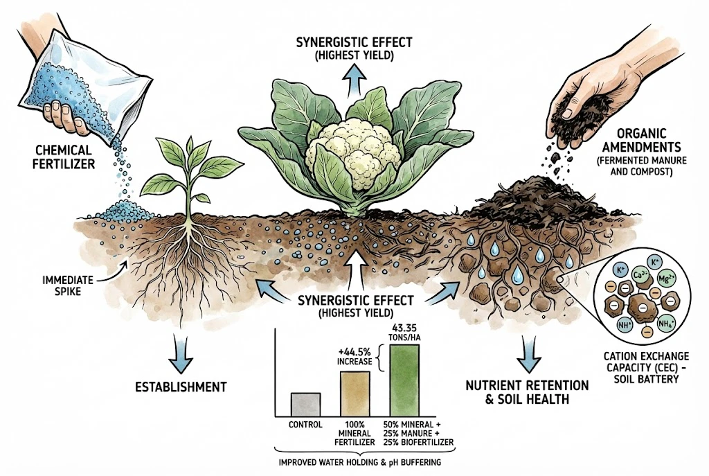 Schematic of integrated nutrient management: combining mineral fertilizer with manure and biofertilizer. Shows a single-site trial result of about 43 t/ha; this is not a factorial test that isolates each component's effect.