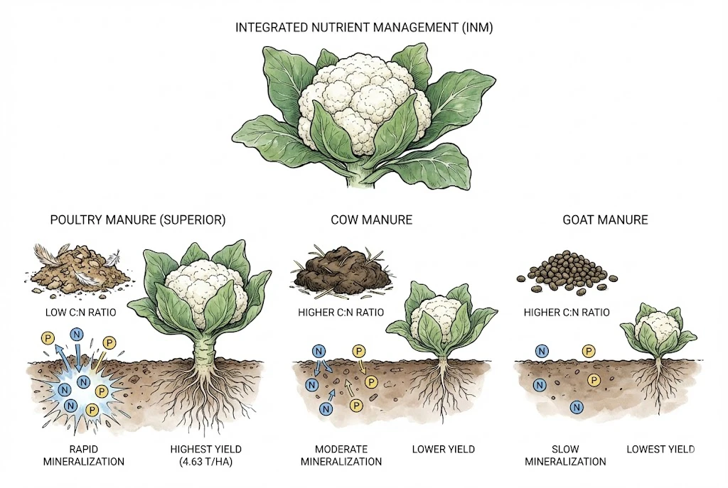 Schematic comparing manure sources. Note: in the cited Nepal study, 4.63 t/ha was the poultry-manure application rate, while the resulting cauliflower yield was about 41.91 t/ha.