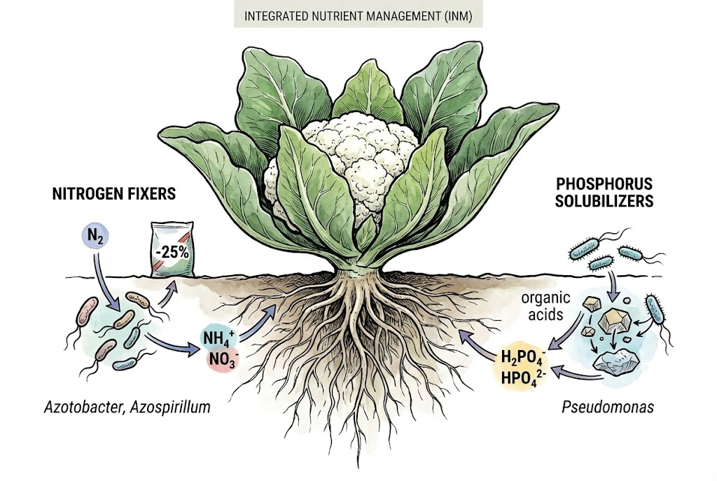 Schematic of biofertilizer microbes: nitrogen-fixing and phosphorus-solubilizing bacteria near the roots. The nitrogen and phosphorus outputs shown are simplified; real effects depend on strain, viable count, and soil conditions.