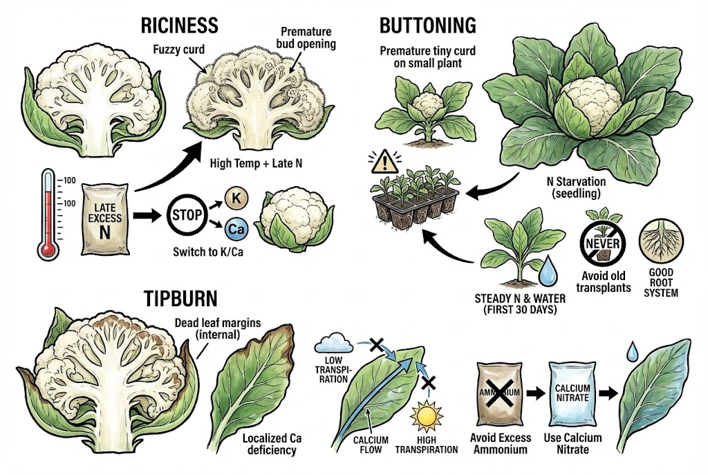 Schematic illustrations of cauliflower disorders: riciness, buttoning, and tipburn, with their commonly associated causes. These are stylized drawings, not photographs, and each disorder has more than one possible cause.