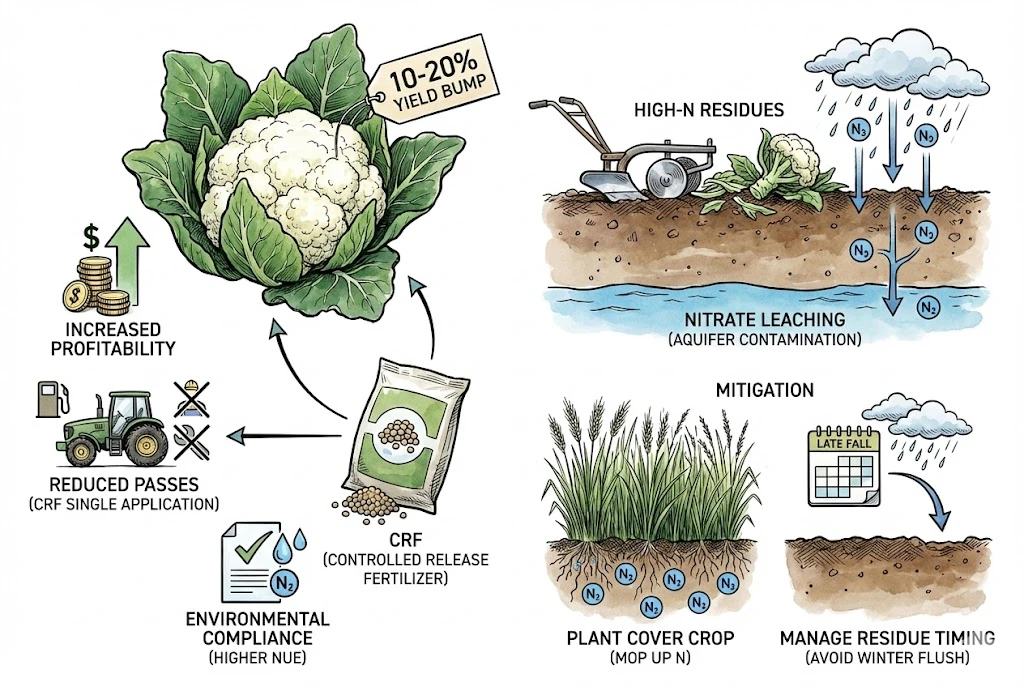 Schematic of economic and environmental factors: residue management, cover crops, and controlled-release fertilizer. Profitability and regulatory compliance depend on a full budget and local rules, not on the fertilizer type alone.
