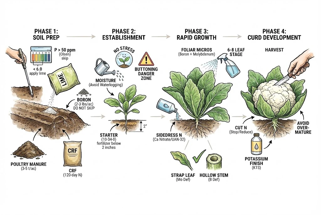 Schematic timeline from soil test through harvest. Treat it as a checklist of decisions to make from your own soil, tissue, and label information, not as a fixed recipe of fertilizers and rates.