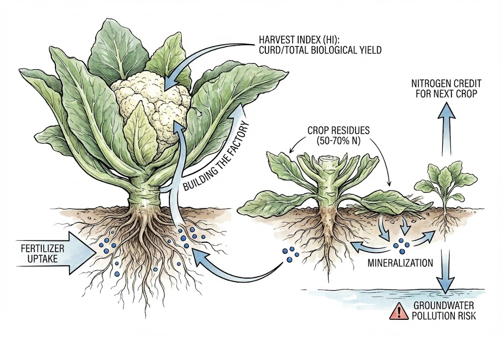 Schematic showing that after harvest much of the plant's nitrogen stays in leaf and stem residue rather than the curd, so residues can either supply the next crop or, if unmanaged, contribute to nitrate leaching. Percentage shown is a schematic figure.