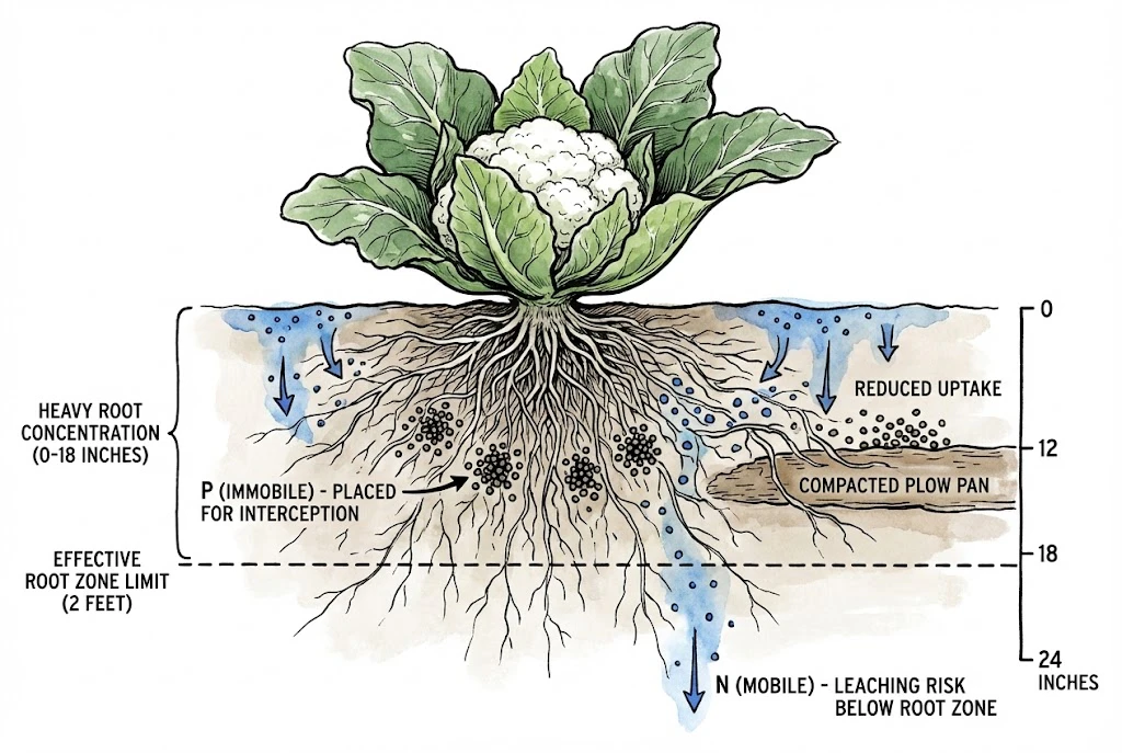 Schematic of cauliflower rooting: most roots in the top foot of soil, with immobile phosphorus placed near the roots and mobile nitrate able to move with water. Root-zone depths shown are illustrative.