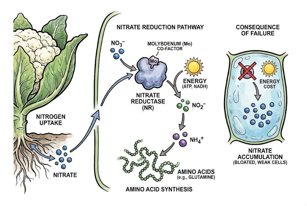 Schematic of nitrate assimilation: nitrate is reduced to nitrite by nitrate reductase, then nitrite to ammonium by a separate nitrite reductase, before incorporation into amino acids.