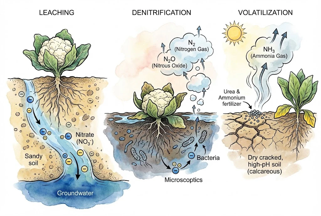 Schematic of nitrogen loss pathways: leaching of nitrate below the root zone, denitrification in saturated soil, and ammonia volatilization from surface urea. Loss rates depend on soil, temperature, and moisture.