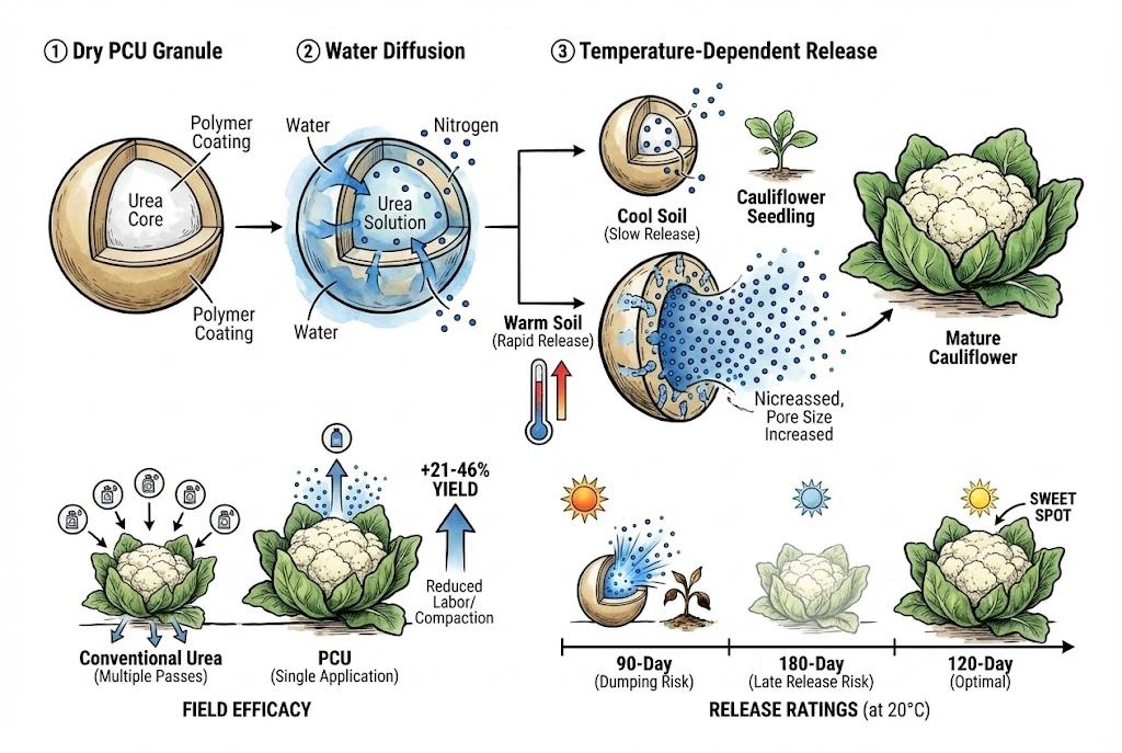 Schematic of polymer-coated urea: water diffuses through the coating and dissolved nitrogen releases over time, with warmer soil generally speeding release. Yield and release-duration figures shown are schematic and simplify the cited trials.